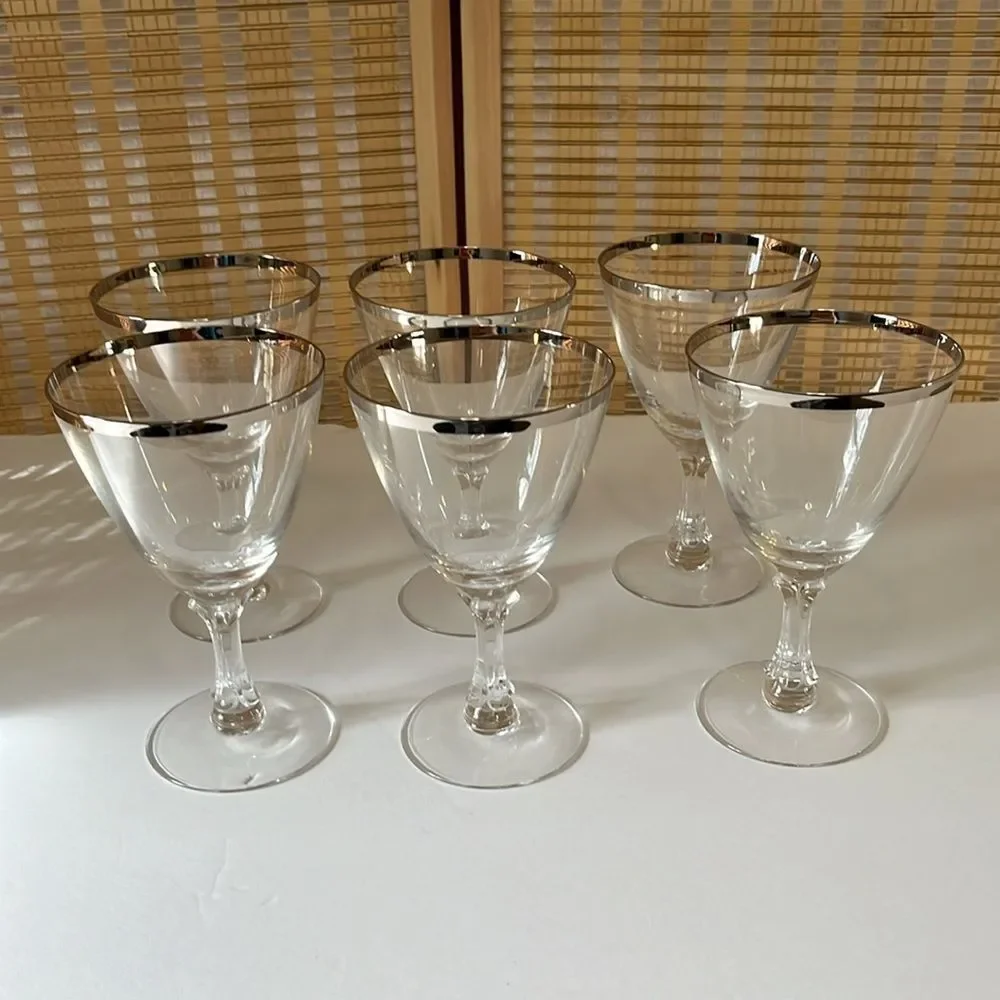 Vintage Fostoria platinum rim wedding ring crystal glasses, set of six